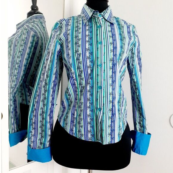 SOHO Jeans Blue Stripes Florals Cotton Blend LS Ladies ButtonUp Shirt Jr.SzL NWT - Picture 2 of 9